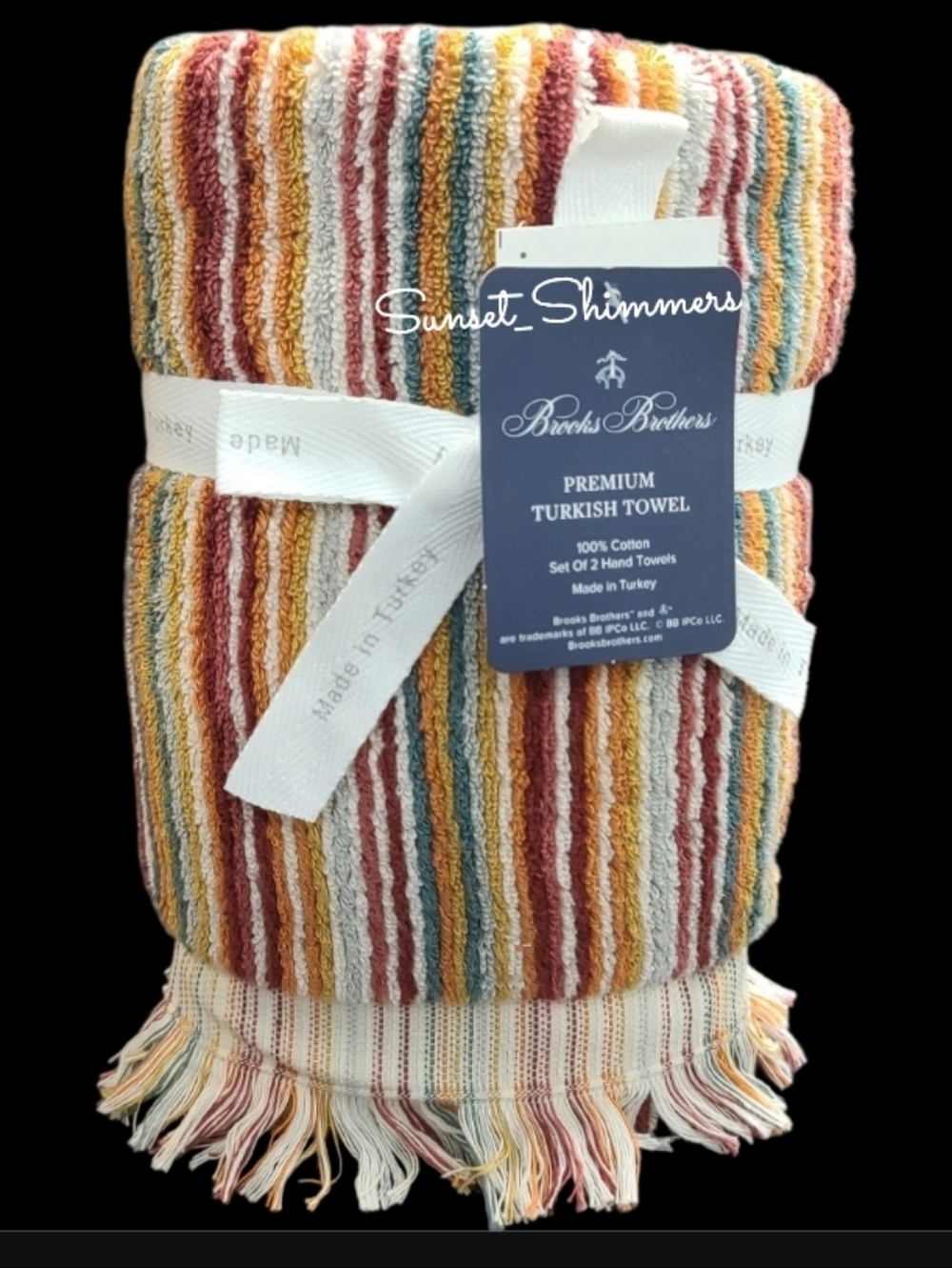 2 Brooks Brothers Fall Rainbow Striped Hand Towels Luxury Thick Plush Turkish